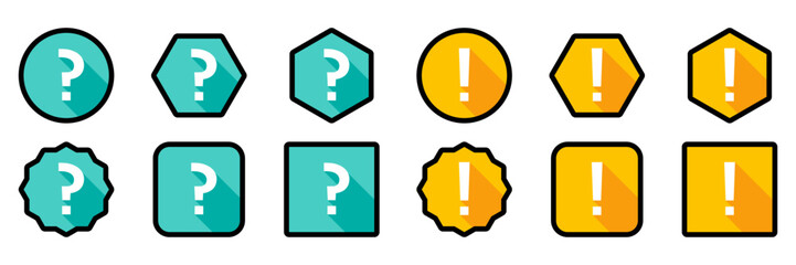 Question mark Icon Set, FAQ sign, Help symbol. Exclamation mark Icon Set, Attention sign, Caution icon, Hazard warning symbol. Light blue and Yellow style. Black stroke design.