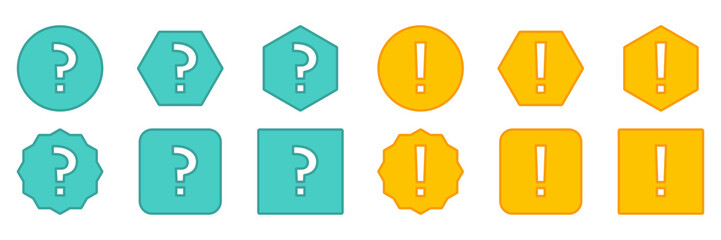 Question mark Icon Set, FAQ sign, Help symbol. Exclamation mark Icon Set, Attention sign, Caution icon, Hazard warning symbol. Light blue and Yellow style.
