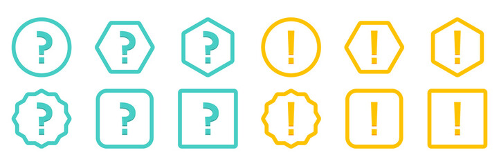 Question mark Icon Set, FAQ sign, Help symbol. Exclamation mark Icon Set, Attention sign, Caution icon, Hazard warning symbol. Light blue and Yellow style.