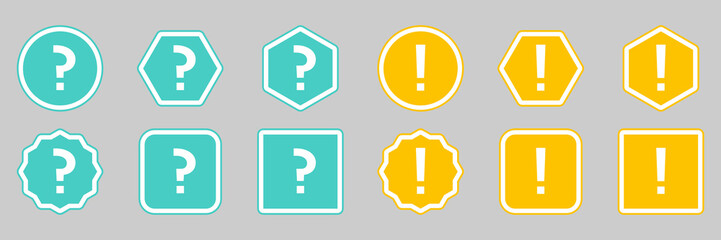 Question mark Icon Set, FAQ sign, Help symbol. Exclamation mark Icon Set, Attention sign, Caution icon, Hazard warning symbol. Light blue and Yellow style.