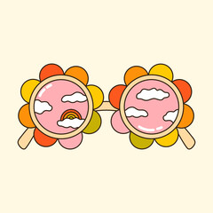 Groovy flower sunglasses with clouds and rainbow. Retro vibes funky clipart. Psychedelic glasses vector illustration. Vintage nostalgia element for card, poster design and print