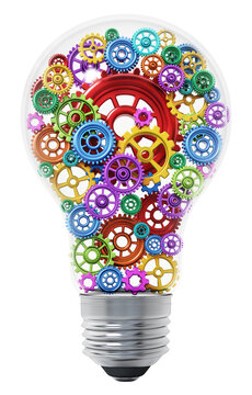 Multi colored gears in motion inside lightbulb. 3D illustration