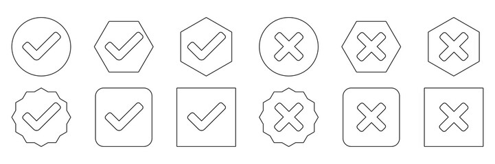 Obraz premium Check and wrong marks Icon Set, Tick and cross marks, Accepted,Rejected, Approved,Disapproved, Yes,No, Right,Wrong, Correct,False, Ok,Not Ok - vector mark symbols. Black outline design.