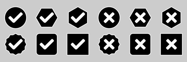 Obraz premium Check and wrong marks Icon Set, Tick and cross marks, Accepted,Rejected, Approved,Disapproved, Yes,No, Right,Wrong, Correct,False, Ok,Not Ok - vector mark symbols. White outline design.