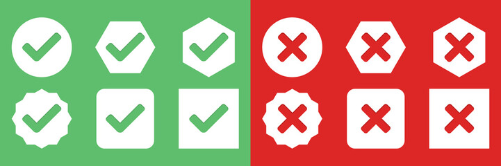 Check and wrong marks Icon Set, Tick and cross marks, Accepted,Rejected, Approved,Disapproved, Yes,No, Right,Wrong, Green,Red, Correct,False, Ok,Not Ok - vector mark symbols in green and red.