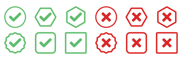 Check and wrong marks Icon Set, Tick and cross marks, Accepted,Rejected, Approved,Disapproved, Yes,No, Right,Wrong, Green,Red, Correct,False, Ok,Not Ok - vector mark symbols in green and red.