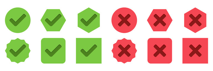 Obraz premium Check and wrong marks Icon Set, Tick and cross marks, Accepted,Rejected, Approved,Disapproved, Yes,No, Right,Wrong, Green,Red, Correct,False, Ok,Not Ok - vector mark symbols in green and red.