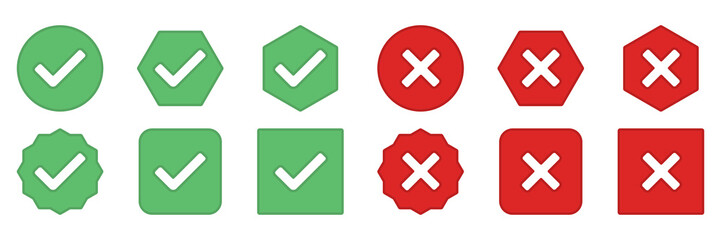 Obraz premium Check and wrong marks Icon Set, Tick and cross marks, Accepted,Rejected, Approved,Disapproved, Yes,No, Right,Wrong, Green,Red, Correct,False, Ok,Not Ok - vector mark symbols in green and red.