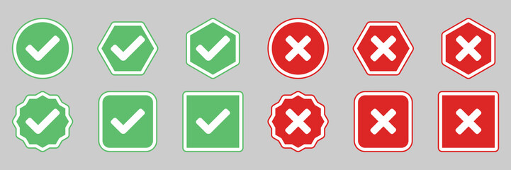 Obraz premium Check and wrong marks Icon Set, Tick and cross marks, Accepted,Rejected, Approved,Disapproved, Yes,No, Right,Wrong, Green,Red, Correct,False, Ok,Not Ok - vector mark symbols in green and red.