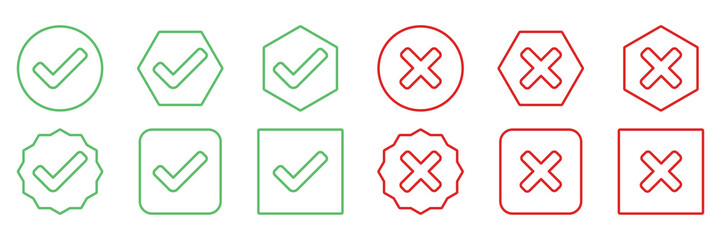 Obraz premium Check and wrong marks Icon Set, Tick and cross marks, Accepted,Rejected, Approved,Disapproved, Yes,No, Right,Wrong, Green,Red, Correct,False, Ok,Not Ok - vector mark symbols in green and red.