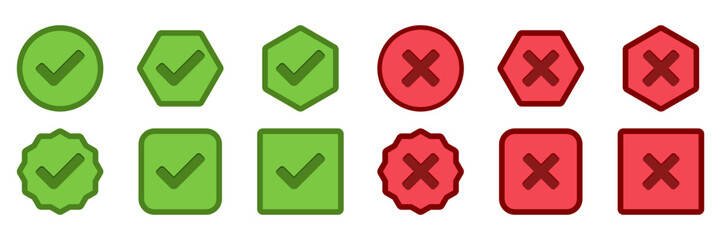 Obraz premium Check and wrong marks Icon Set, Tick and cross marks, Accepted,Rejected, Approved,Disapproved, Yes,No, Right,Wrong, Green,Red, Correct,False, Ok,Not Ok - vector mark symbols in green and red.