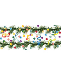 Winter festive horizontal seamless border of Christmas tree garland with confetti and serpentine streamers. Watercolor hand painted isolated illustration on white background.