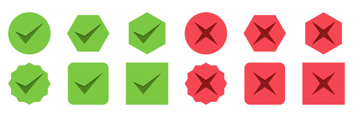 Check and wrong marks Icon Set, Tick and cross marks, Accepted,Rejected, Approved,Disapproved, Yes,No, Right,Wrong, Green,Red, Correct,False, Ok,Not Ok - vector mark symbols in green and red.