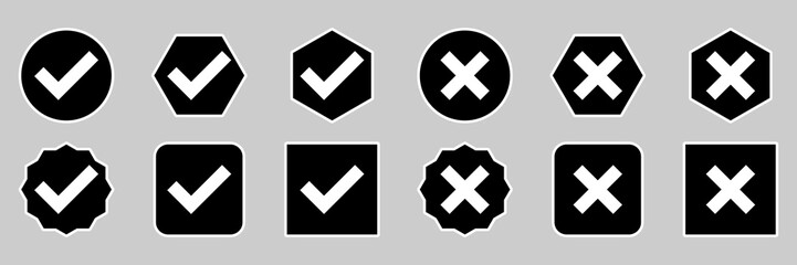 Check and wrong marks Icon Set, Tick and cross marks, Accepted,Rejected, Approved,Disapproved, Yes,No, Right,Wrong, Correct,False, Ok,Not Ok - vector mark symbols. White outline design.