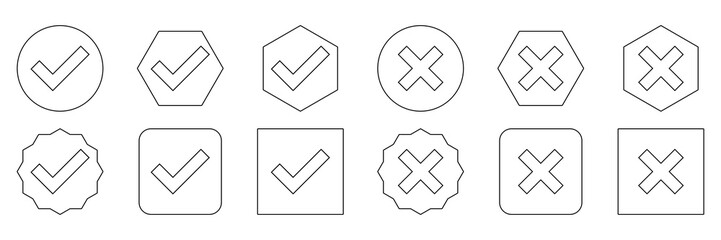 Check and wrong marks Icon Set, Tick and cross marks, Accepted,Rejected, Approved,Disapproved, Yes,No, Right,Wrong, Correct,False, Ok,Not Ok - vector mark symbols. Black outline design.