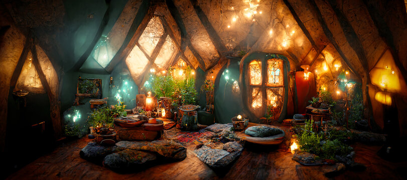 Spectacular picture of interior of a fantasy medieval cottage, full with  plants furniture and enchanted light. Digital art 3D illustration. Stock  Illustration | Adobe Stock