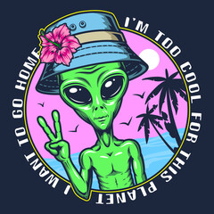 Green alien sketch vintage colorful