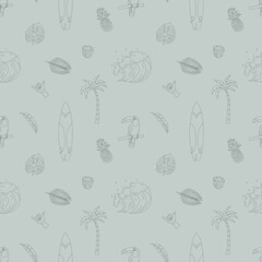 Seamless pattern with hand-drawn elements with a surf theme. Wave, surf, palm trees and more.