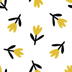 Seamless colorful simple pattern with wild flowers. Floral background with hand drawn flowers. Simple Scandinavian style. Vector illustration