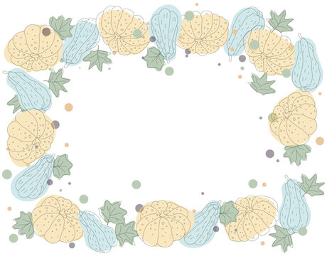 Autumn vector frame of pumpkins and leaves, autumn fruits, vector template