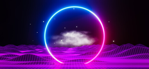 futuristic blue purple neon circle frame,wireframe wave landscape mountain,valley structure Sci-Fi Neon light glow network grid connection, portal lights glowing ring,dark space,3d render illustration