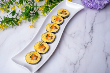 Delicious Korean food simple meal Egg kimbap