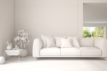 Mock up of minimalist living room in white color with sofa. Scandinavian interior design. 3D illustration