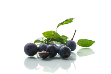 Ripe whole plums with leaves isolated on white background.