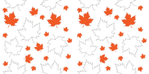 Fototapeta na wymiar Spotted leaves and black line, One line pattern, autumn seamless template with autumn leaves, berries and in a fashionable style. Background of leaves, and rowanberries for fabric, wallpaper or gift 