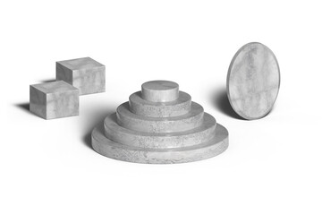 Marble 3D pedestal with several objects on a white background. Graphic illustration. Empty template.