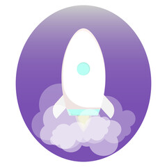 White rocket ship in a flat style isolated in violet circle on white background. Vector illustration with flying space rocket launch. Project start up and development process innovation creative idea