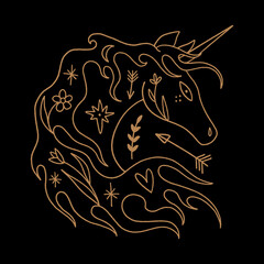 Unique illustration of celestial ornate unicorn head. Gold contour silhouette on black background. Vintage cartoon fairytale boho folk style, mythology character, magic creature. Tattoo concept.