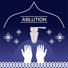 Ablution ; Muslim hand washing with flowing water from tap