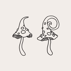 Simple magic mushrooms. Line art mushroom, vector art.