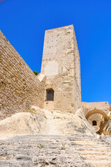 Stone architecture of medieval Santa Barbara castle or fort in Alicante, Spain