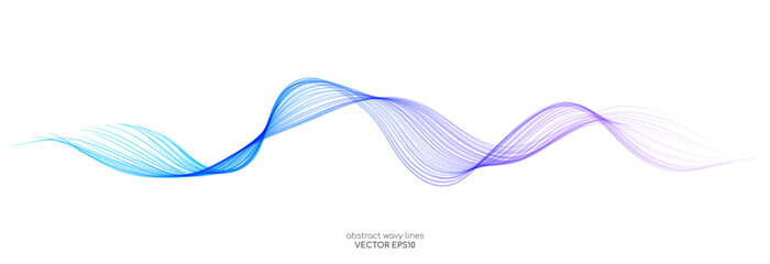Vector brush stroke wave lines smooth flowing dynamic colorful blue purple pink gradient isolated on white background for concept of technology, digital, communication, science, music