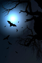 bats and bare branched tree at night, Halloween concept