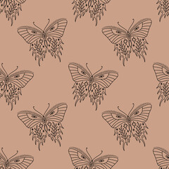 Fototapeta premium Hippie bohemian groovy funky butterfly in 1960s boho psychedelic style. Vector clipart seamless pattern repeat illustrations. Unique hand drawn template design.