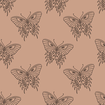 Hippie bohemian groovy funky butterfly in 1960s boho psychedelic style. Vector clipart seamless pattern repeat illustrations. Unique hand drawn template design.