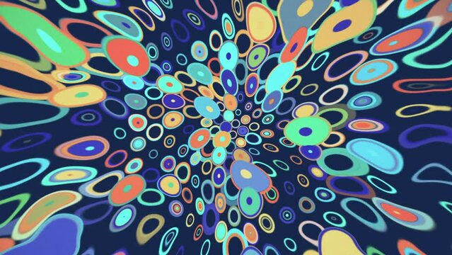 Trendy 1970s retro pattern background animation with groovy colorful psychedelic circles and concentric circles. This fun vintage motion background is full HD and a seamless loop.