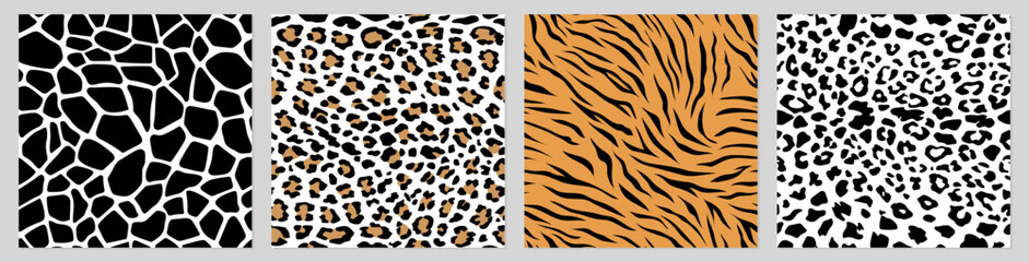 Vector set. Animal seamless patterns. Hand drawn texture for print, textile, fabric, packaging. Fashionable backgrounds.