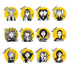 Zodiac signs Collection comic faces and characters of people in style of doodles for avatar in yellow circle