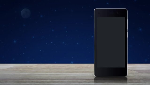 Power button flat icon on modern smart mobile phone screen on wooden table over blur colorful night light city tower and skyscraper, Start up business online concept