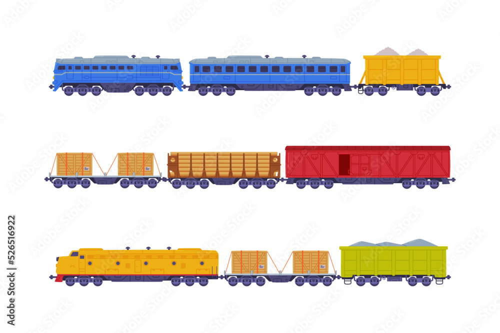 Sticker freight railway transport set. logistic and cargo transportation flat vector illustration