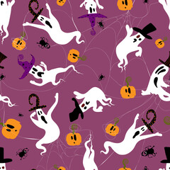 Halloween pattern ghostly spiders, cobwebs, pumpkins.For fabrics, for printing brochures, posters, parties, vintage textile design, postcards, packaging.
