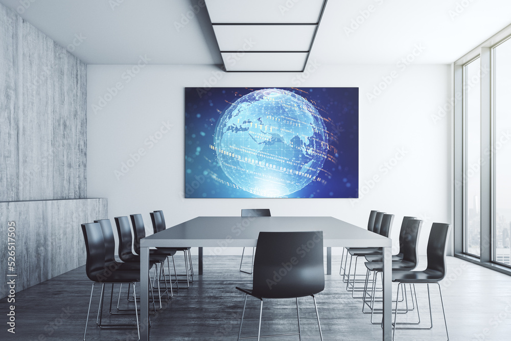 Poster abstract creative coding concept with world map on presentation screen in a modern conference room. 