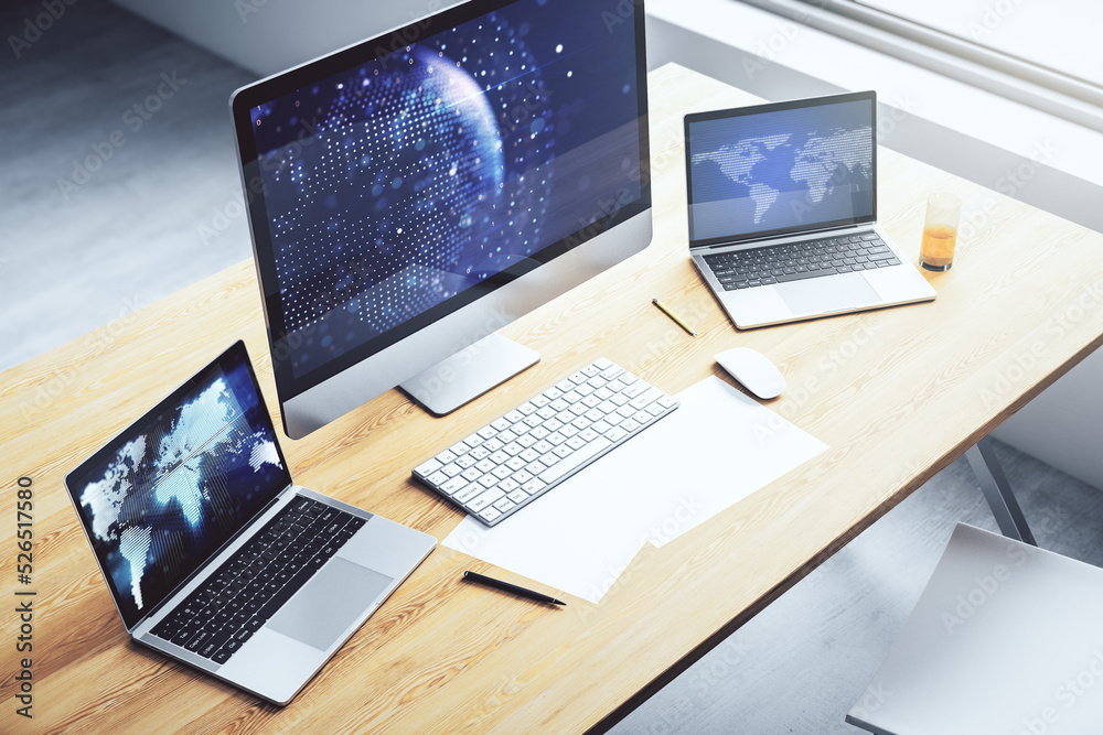 Poster Modern computer monitor with abstract digital world map, research and strategy concept. 3D Rendering