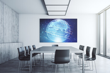 Abstract creative coding concept with world map on presentation screen in a modern conference room. 3D Rendering