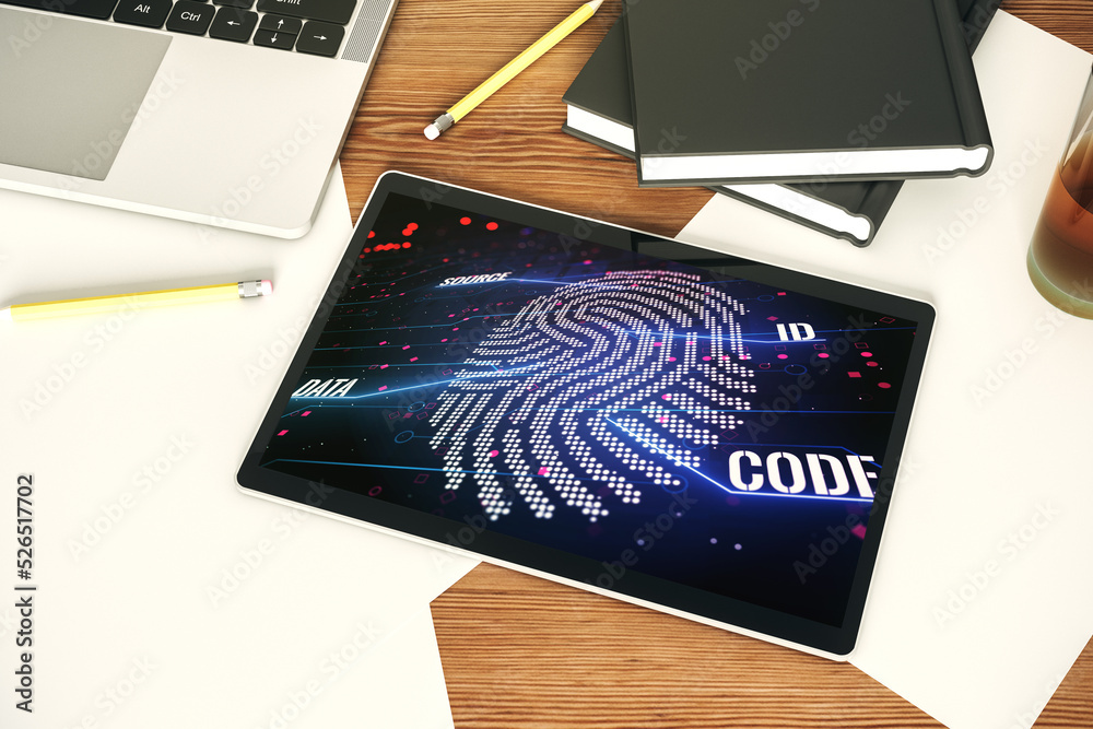 Aufkleber Abstract creative fingerprint concept on modern digital tablet screen. Top view. 3D Rendering
