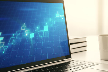 Modern computer screen with abstract creative financial chart, research and analytics concept. 3D Rendering